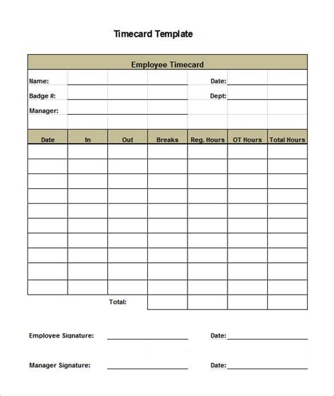 Timecard Template Printable