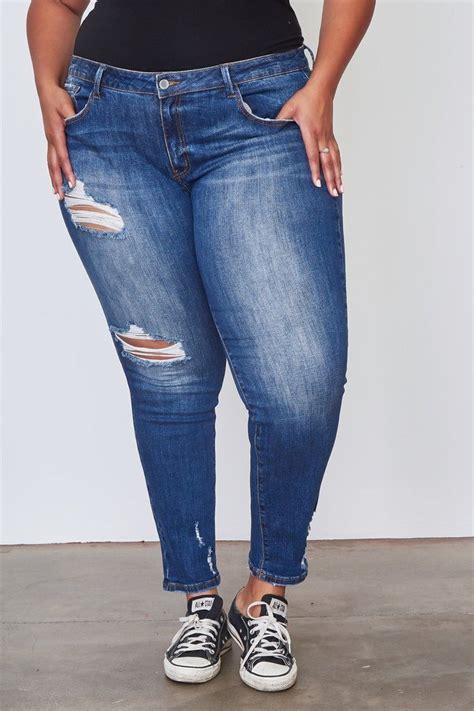 Ladies Fashion Plus Size Medium Distressed Denim Skinny Jeans Skinny