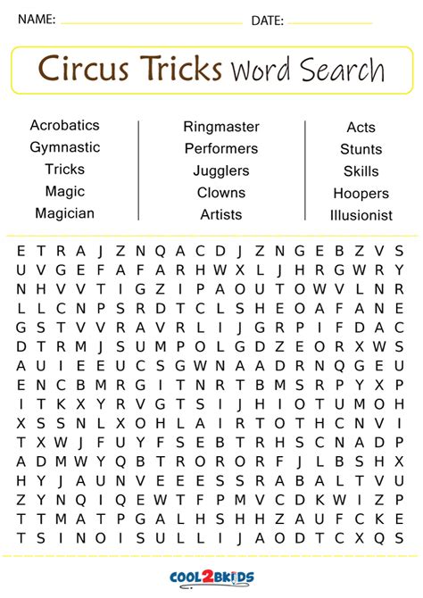 Printable Circus Word Search Cool2bkids