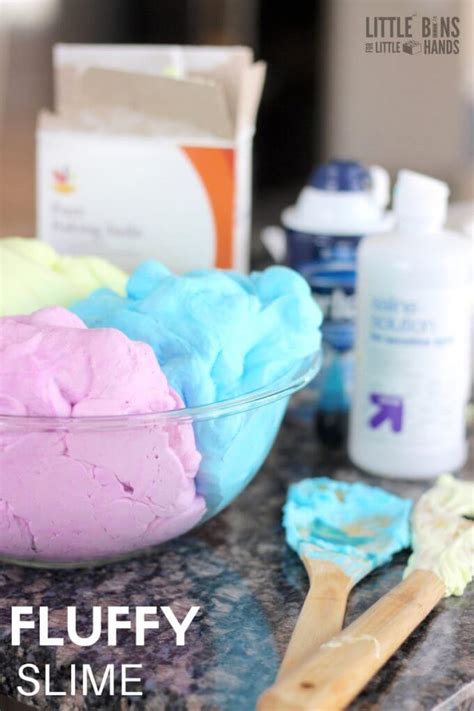 This recipe is without borax and uses contact lens solution, glue and baking this easy 3 ingredient recipe is such a popular one! Fluffy Slime Recipe (In Just 5 Minutes!) | Little Bins for ...