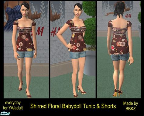 The Sims Resource Shirred Floral Babydoll Tunic And Shorts