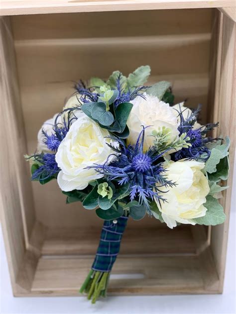 scottish artificial ivory peony bridal bouquetwedding thistle etsy blue wedding flowers