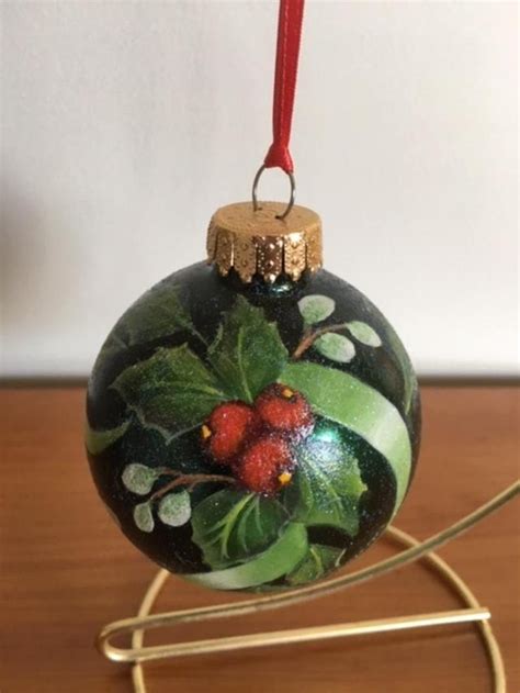 Christmas Ornament Hand Painted Holly And Berries Glass Etsy Hand