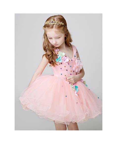Cute Pink Short Tulle Tutu Flower Girl Dress With Beading