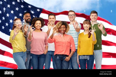 International People Showing Ok Over American Flag Stock Photo Alamy