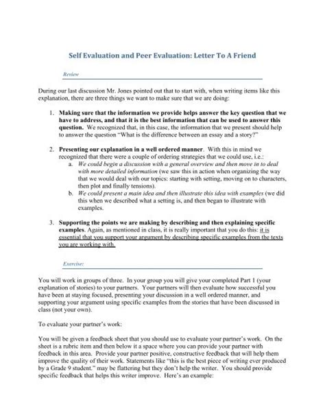 Self Evaluation And Peer Evaluation Letter To A With David Jones