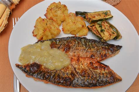 Mackerel With Gooseberry Sauce Crushed Potato Croquettes And Roast