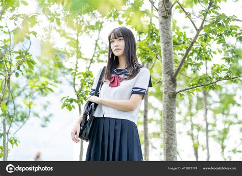Female Asian High School Student Calm Look Outdoors Stock Photo By