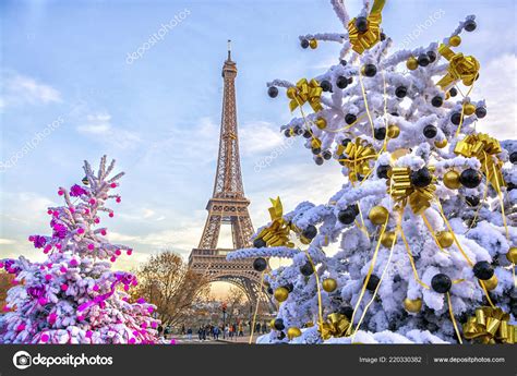 Eiffel Tower Main Attraction Paris Background Decorated Christmas Trees