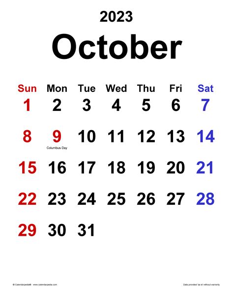 October 2023 Calendar Templates For Word Excel And Pdf