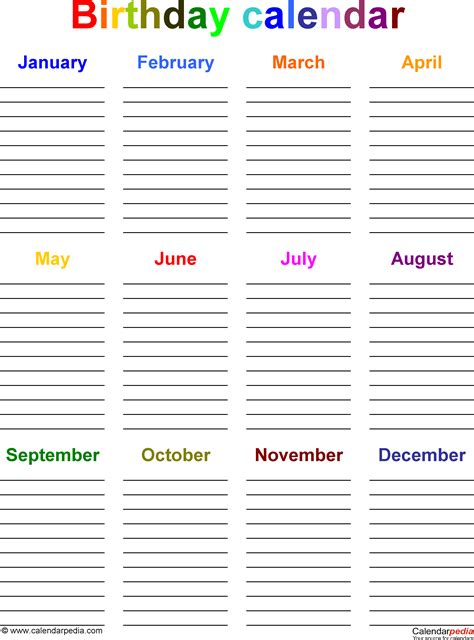 birthday calendars 7 free printable word templates birthday