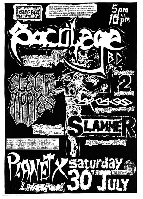 Sacrilege Electro Hippies Carcass July 1988 Crust Punk Gig Posters Death Metal