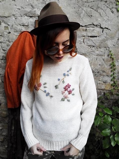 Vintage White Floral Sweater Flower Embroidery Sweater Etsy