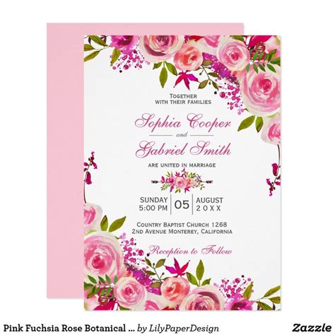 Pink Fuchsia Rose Botanical Floral Wedding Invitation