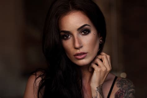 Wallpaper Face Women Nose Rings Long Hair Singer Tattoo Black