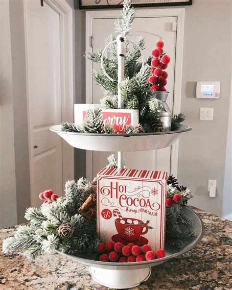 Christmas two tier tray decor. #farmhousechristmas tray decor christmas, christmas wreaths