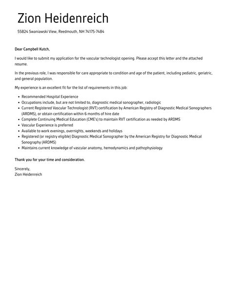 Vascular Technologist Cover Letter | Velvet Jobs