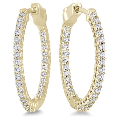 1 Carat Tw Round Diamond Hoop Earrings With Push Down Button Locks In 10k Yellow Gold Diamond
