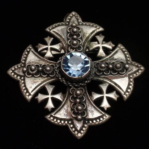 Jerusalem Cross Brooch Pin Pendant 900 Silver Blue Stone Jerusalem