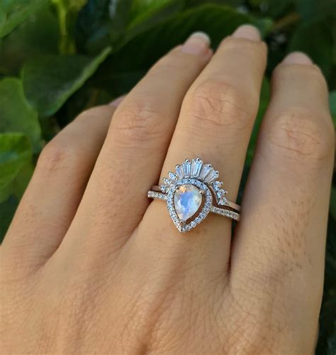 Moonstone Vintage Halo Pear Engagement Ring Set Moonstone Teardrop Deco Bridal Ring Set