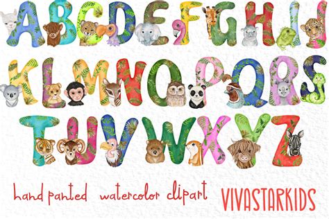 Watercolor animal alphabet clipart Jungel animal letters By vivastarkids | TheHungryJPEG.com