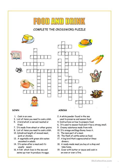 Food And Drink Crossword Crossword Esl Worksheets Printable