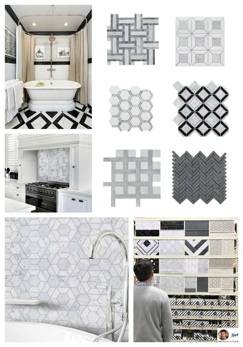 Gorgeous sophisticated bathroom design with black bathroom vanity, marble counter top, polished chrome hardware, black mirror, bench, frameless glass shower and sconces. Jeff Lewis Tile Collection at Home Depot | Bathroom design ...