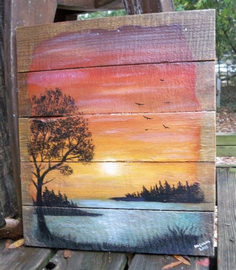 Pallet Wood Paintinglandscape Lake Sunset Acrylic On