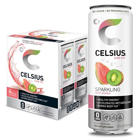 Celsius Sparkling Kiwi Guava Fitness Drink Zero Sugar 4 Pack 12 Oz
