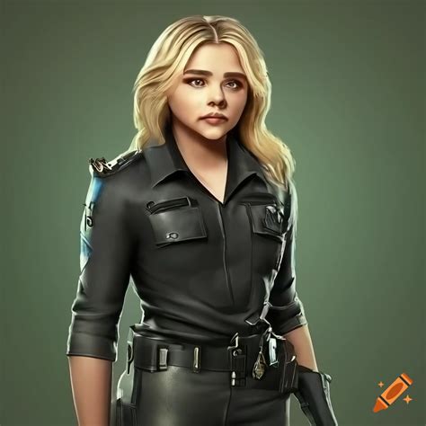 photorealistic chloë grace moretz as policeofficer blonde hair slim lightblue police shirt
