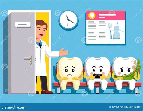 Cartoon Teeth Sitting In Line At Dental Clinic Stock Vector