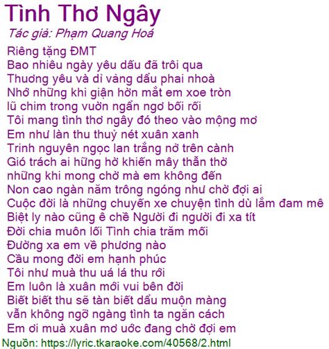 Loi Bai Hat Tinh Tho Ngay Pham Quang Hoa Co Nhac Nghe