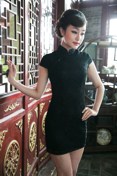 Attractive Lace Short Cheongsam Dress Black Qipao Cheongsam And Dresses Women