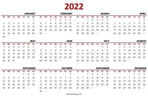 2022 Calendar Year Printable January To December Calendar 2022
