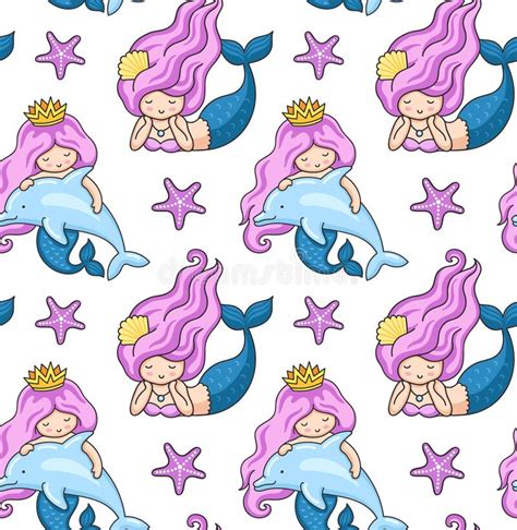 Mermaids Dolphins Starfish Seamless Pattern Vector Illustration