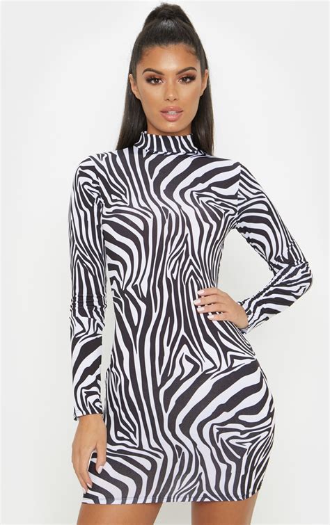 Monochrome Zebra Print Bodycon Dress Prettylittlething Usa