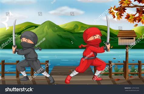 Illustration Two Ninjas Bridge Stock Vector Royalty Free 127919333