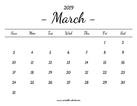 March 2019 Calendar Printable A Printable Calendar