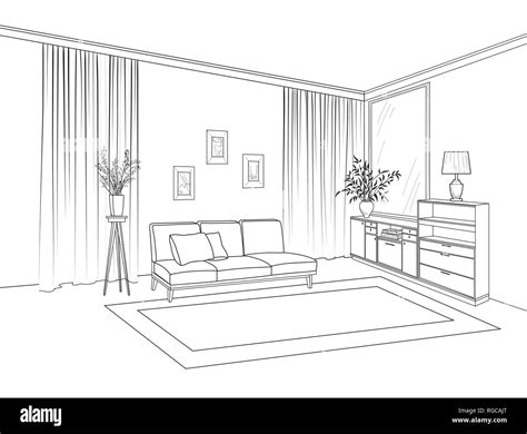Home Living Room Interior Outline Sketch Of Furniture With Sofa