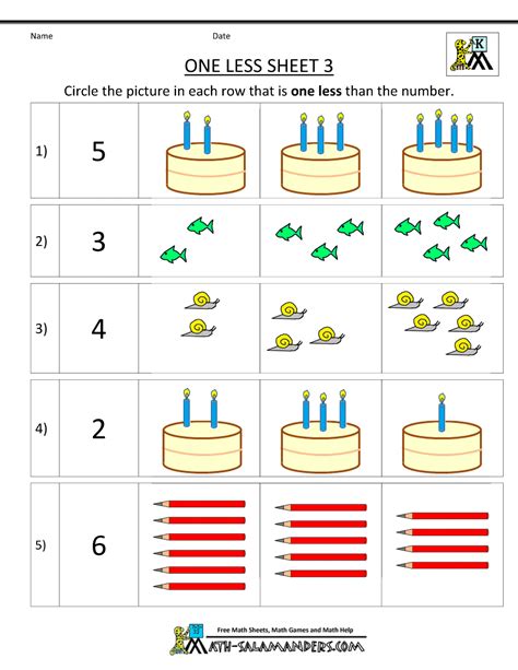 One Less Than With Numbers 0-10 Worksheets Kindergarten