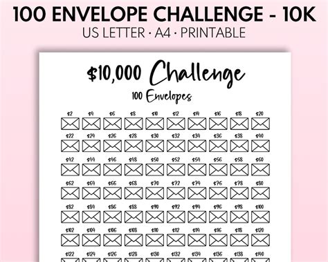 10k 100 Envelope Challenge Printable 10000 Savings Tracker 10k Challenge 100 Day Money
