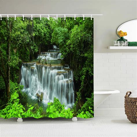Natural Forest Waterfall Scenery Waterproof Shower Curtains Rainforest