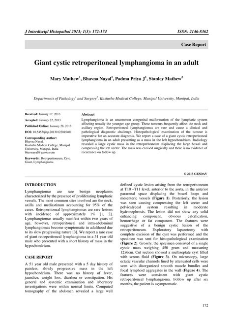Pdf Giant Cystic Retroperitoneal Lymphangioma In An Adult