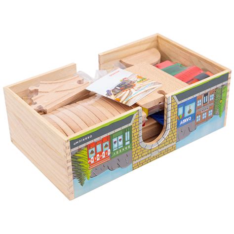 Orbrium Toys 52 Pcs Deluxe Wooden Train Set With 3 Destinations Fits