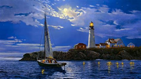 Art Paintaings Love Romance Sailing Boats Architecture Lighthouse Night