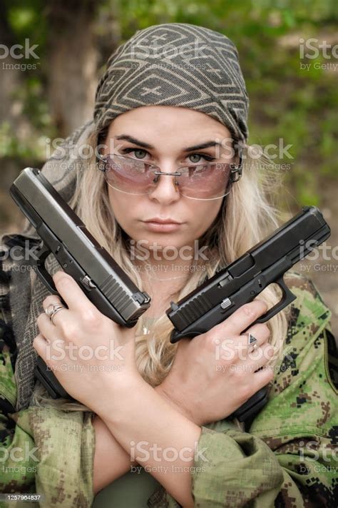 Attractive Female Army Soldier Posing With Gun Woman With Weapon Stock