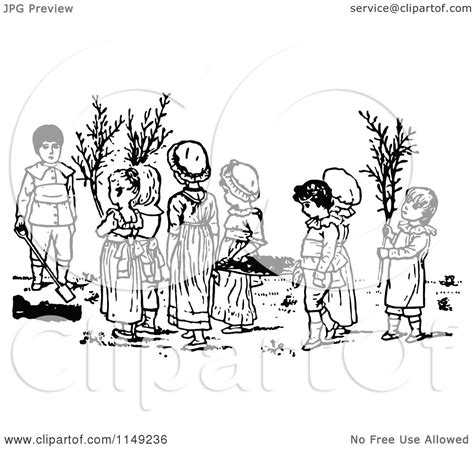Clipart Of Retro Vintage Black And White Kids In A Garden Royalty