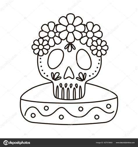 Dia De Los Muertos Skull Painted With Flower In Mexican Hat Line Style