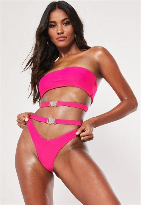 Neon Pink Buckle Strap Bandeau Bikini Top Missguided