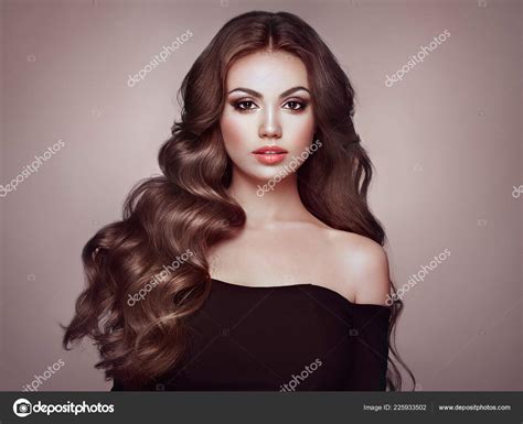 Brunette Girl Long Healthy Shiny Curly Hair Care Beauty Beautiful Stock